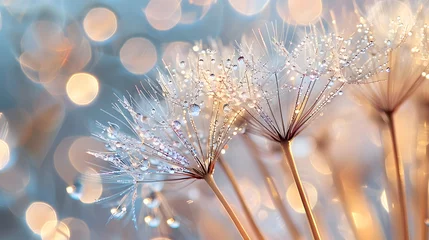 Kussenhoes flower fluff, dandelion seeds with dew dop - beautiful macro photography with abstract bokeh background  © Ziyan