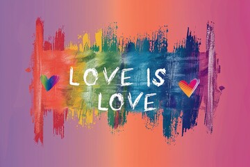 Illustration banner with word Love is Love over rainbow colorful background. Pride month concept