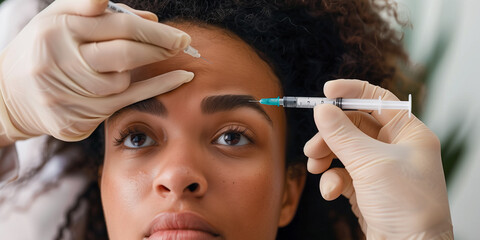 Close-up of an African American woman getting a botox injection in her forehead by a professional in a clinical setting. - obrazy, fototapety, plakaty