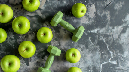 Top view of small green dumbbells and fresh organic raw apple fruits on the gray background. Healthy fitness lifestyle, good nutrition diet and working out or exercising. Training wellness activity
