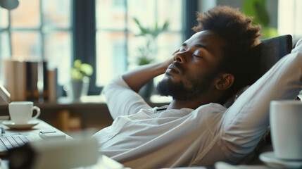 Obraz premium Young African American man sleeping in office chair. Closed eyes, businessman or corporate company employee worker taking a break from work on his job workplace, exhausted, overworked, copy space
