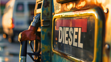 Closeup of the diesel pump near the red nozzle on a petroleum gas station during sunset. Van vehicle blurred in the background. Car automobile travel transport service, refueling price, expensive - obrazy, fototapety, plakaty