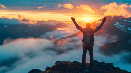 Rearview of happy man wearing a backpack, standing on a rocky mountain top peak cliff edge rock watching horizon sunset or sunrise over fog clouds. Hands in the air, journey success, copy space