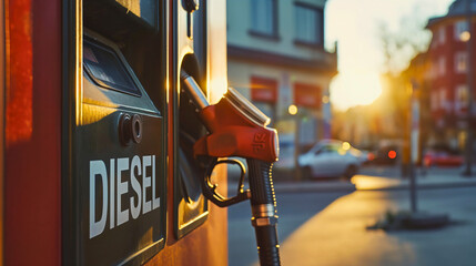 Closeup of the diesel pump near the red nozzle on a petroleum gas station during sunset. Van vehicle blurred in the background. Car automobile travel transport service, energy fill business