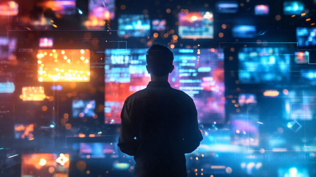 Young Man Entering 3D Cyberspace, Animated Social Media Interfaces, Online Video Games, Videos, Internet Content. Visualization Entertainment Surfing Computer Hologram Network, Copy Space