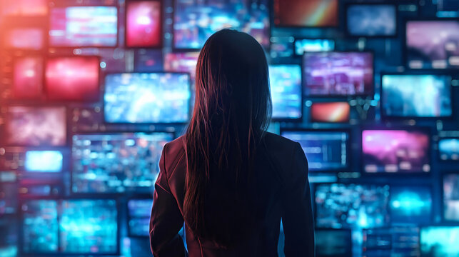 Young Woman Entering 3D Cyberspace, Animated Social Media Interfaces, Online Video Games, Television, Internet Content. Visualization Entertainment Surfing Computer Hologram Network, Copy Space