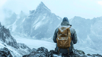 Rearview of a man wearing a backpack, sitting on a rocky mountain top peak cliff edge rock in the winter with snow falling, snowstorm. Freezing cold weather, foggy ice range, extreme hiking adventure
