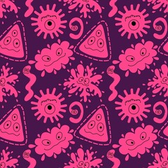 Fototapeta premium Cartoon monsters seamless emoticons aliens pattern for kids clothes print and wrapping paper and fabrics