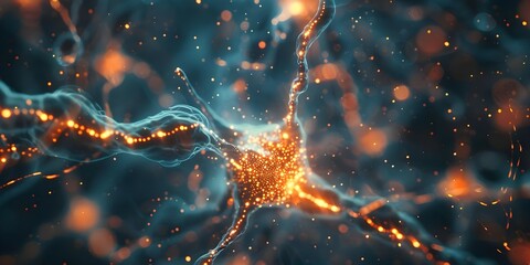 Closeup of a neural network synapse firing in the brain. Concept Neural Network, Synapse Firing, Brain Activity, Closeup Shot - obrazy, fototapety, plakaty