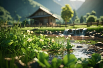 Water plants in pond with blurred mountain village and wooden house in early morning light