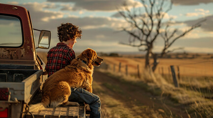 A boy with a dog on the farm