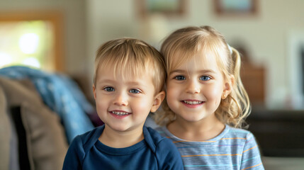 Young toddler preschool brother and sister sitting hugged on the sofa in the living room of home interior, smiling at camera. Little boy and girl, children family love, two siblings bonding hugged