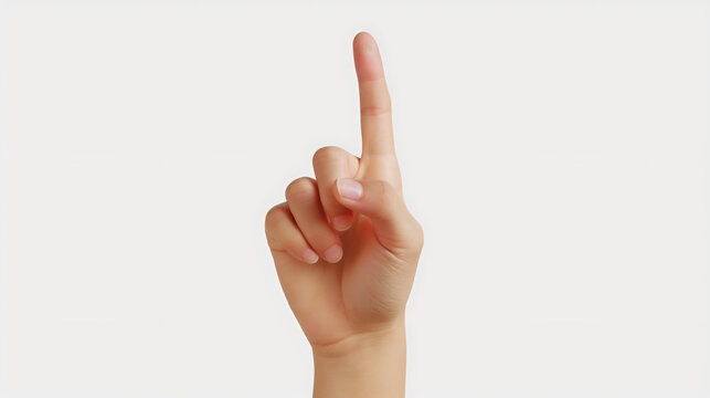 Woman hand index finger pointing up, isolated on a white background. Above direction, touch or click concept. Choice press gesture, recommend product, check important promo