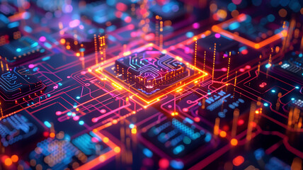 Fototapeta premium Close up of a high technology futuristic circuit board with neon light.