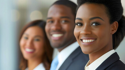 Multiethnic diverse business team colleagues, African American and Asian businesswomen and businessman smiling at camera. Corporate company employees or workers partners cooperation on a project