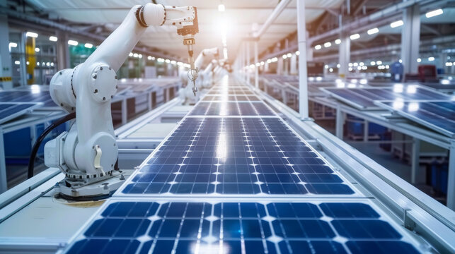 Visualize a cutting-edge manufacturing facility dedicated to the assembly of solar panels, where efficiency and innovation converge to meet the demands of sustainable energy production.
