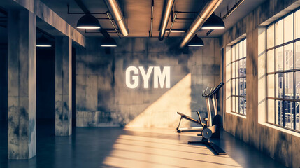 Empty vintage retro gym room studio interior full of workout training machines and equipment. No...