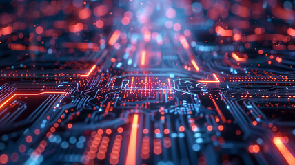 Fototapeta na wymiar Close up of a high technology futuristic circuit board with neon light.
