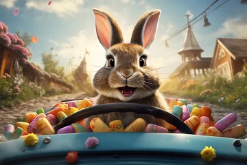 Rollo Easter bunny on car with colorful eggs on grass, Happy Easter day © Creative
