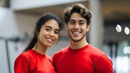 Young fitness couple man and woman standing in gym interior, smiling at camera, training together,...