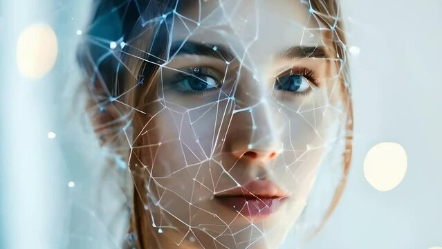 Face analysis.Future. Face Detection. Technological 3d Scanning. Biometric Facial Recognition. Face Id. Technological Scanning Of The full Face and neck Of Beautiful Caucasian woman