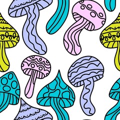 Cartoon autumn harvest seamless neon Halloween mushrooms with skulls pattern for wrapping paper and fabrics