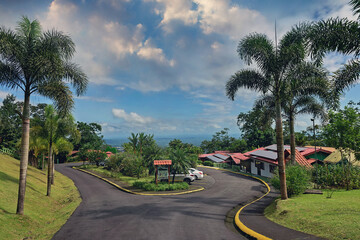 A street in La Fortuna de San Carlos , Costa Rica. The small jungle town of Costa Rica is popular...