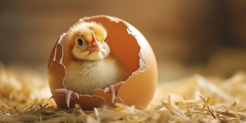 Cute chick emerging from a cracked egg on a straw bed - 764357377