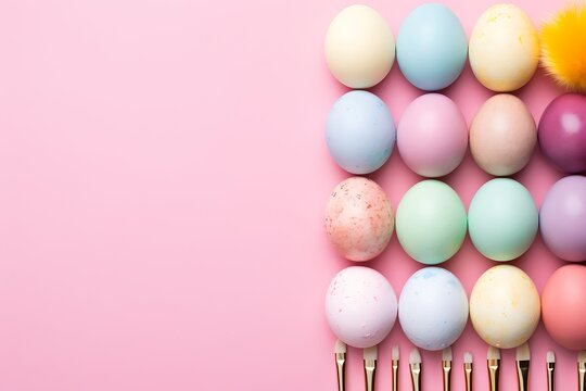 Easter day concept eggs on isolated pink background top view