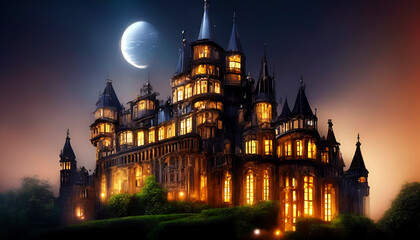 Halloween castle at night, big moon, Wall Art for Home Decor, Wallpaper and Background for Mobile Cell Phone, Smartphone, Cellphone, desktop, laptop, Computer, Tablet