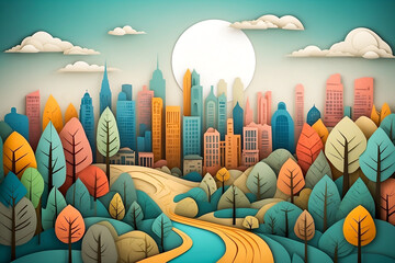 Eco friendly city with a lot of green space, paper cut style illustration
