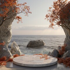 3D Blender podium on a beach with autumn ambiance minimal design