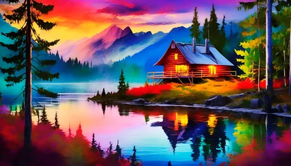 Fotobehang landscape painting with mountains and lake, sunrise or sunset, wood house and trees, reflation on water, Wall Art for Home Decor, Wallpaper and Background for Cellphone, desktop, laptop, cell phone © YOAQ