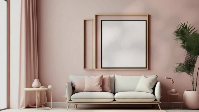 3D rendering. Mockup poster frame with minimalist modern interior background.