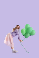 Shocked young woman with green balloons on lilac background