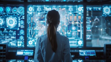 A development lab where engineers work on XAI systems with visual aids showing how AI decisions are made