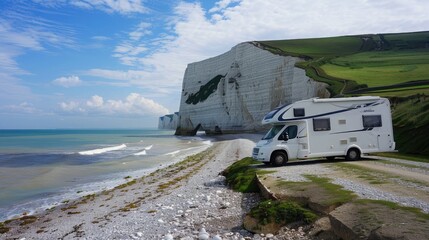 White motorhome parked on a cliffside with blue sky and green grassy hills in the background, overlooking a sea beach with pebbles and waves and rocks. - Powered by Adobe