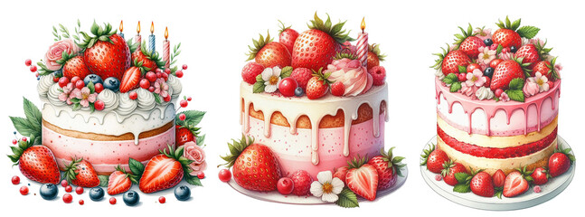 Berry Cake With Strawberry Jam: Delicious Mixed Berries Delight Watercolor style.
