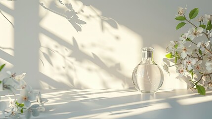Background with a white wall and a wooden tabletop, a perfume bottle is located on the right side,...