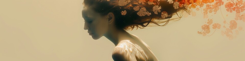 Autumn muse: ethereal woman with leaves in hair - obrazy, fototapety, plakaty