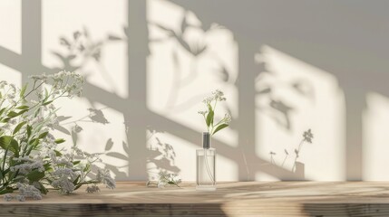 Background with a white wall and a wooden tabletop, a perfume bottle is located on the right side, next to it are jasmine flowers. Sunlight shines through the windows, highlighting the details.