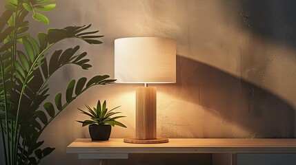 Modern table lamp with white fabric lampshade on a table in front of a gray wall, green plant and space for copy text or design. Isolated stage with studio lighting.
