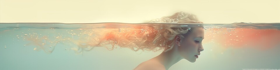 Panoramic visual of a serene underwater woman with sunlit hair. Tranquil image of a girl partially submerged in water, with sunlight illuminating her flowing hair