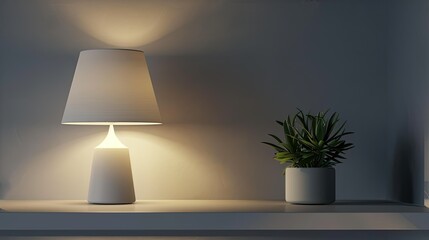 Modern table lamp with white fabric lampshade on a table in front of a gray wall, green plant and space for copy text or design. Isolated stage with studio lighting.