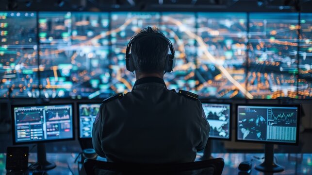 A high-tech control center monitoring autonomous drones with AI systems tracking and managing flights on large