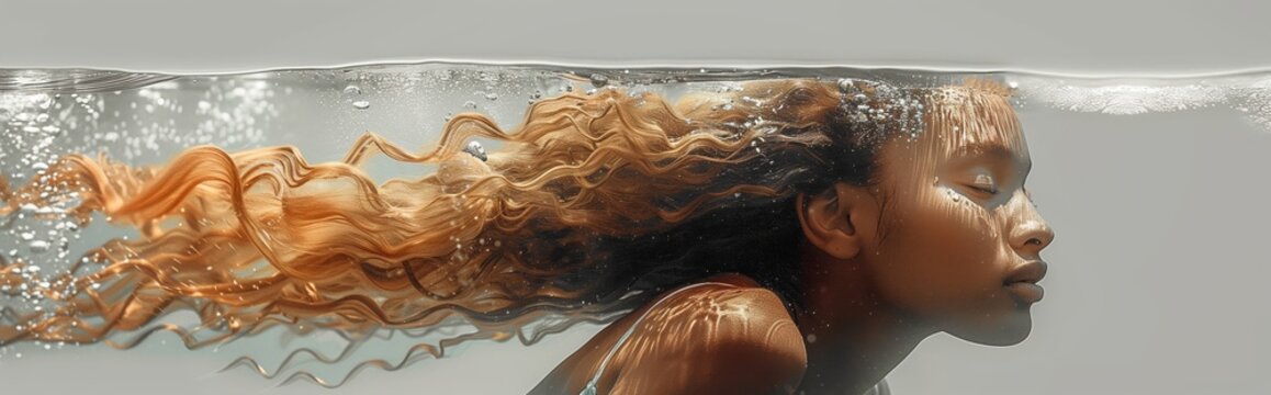 Underwater grace: woman swimming serenely. Panoramic side view of a serene woman with flowing hair underwater, evoking calmness and beauty