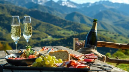 Wooden table with an elegant charcuterie board displaying slices of meat and cheese against a mountain backdrop, with two glasses of champagne, against a backdrop of alpine meadows. - obrazy, fototapety, plakaty