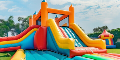 A vibrant and colorful inflatable bounce house with a water slide set up in a sunny backyard for kids' entertainment and summer fun.