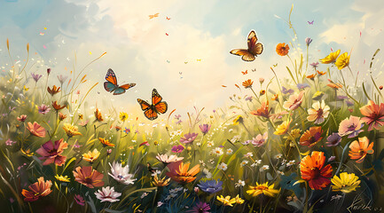 Obraz na płótnie Canvas Meadow with flowers and butterflies