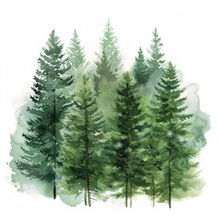 The image depicts a serene watercolor painting of majestic pine rendered in varying shades of green - obrazy, fototapety, plakaty